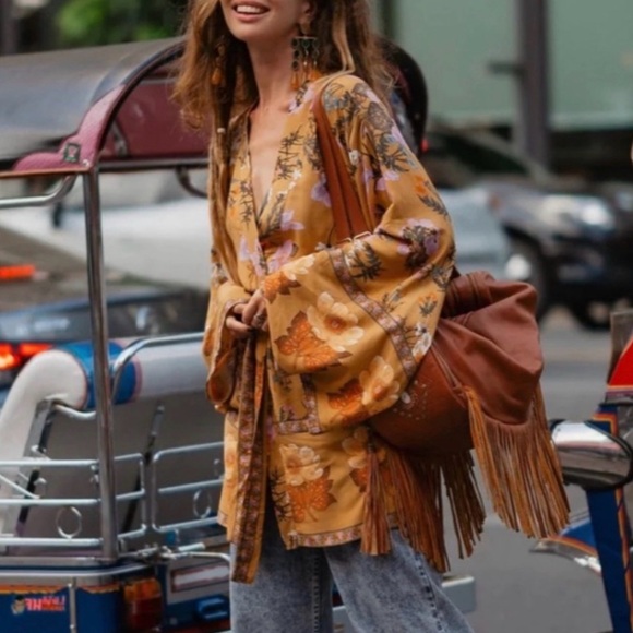 Floral Vintage Print Kimono Duster Cardigan Jacket Cover-Up Hippie Boho - Picture 3 of 5